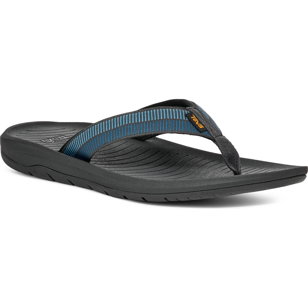 Front angle of Teva Men's Hurricane Flip Flop in Archive Ladder Blue Coral