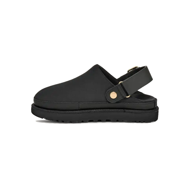 Medial Side of UGG Women's Goldenstar Villa Clog in Black with backstrap down