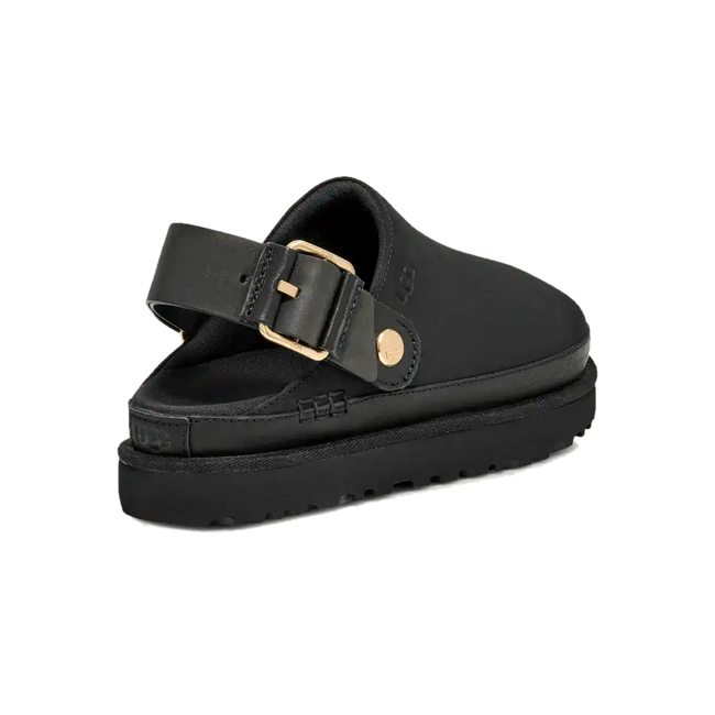 Angled heel of UGG Women's Goldenstar Villa Clog in Black with backstrap down