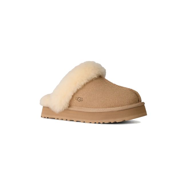 Front angled view of UGG Kids&#39; Disquette Slipper in sand beige