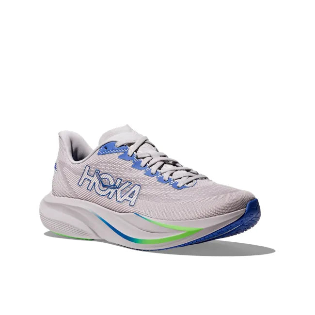 Lateral profile of HOKA Men's Mach 7 in Ash Grey and Cobalt Blue