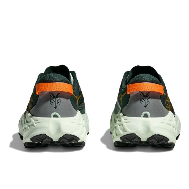 Heel pair view of Hoka Speedgoat 7 in bay leaf showing orange gaiter integration and sea glass midsole