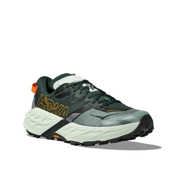 Hoka Men's Speedgoat 7 trail shoe in Bay Leaf green with orange accent and Vibram outsole