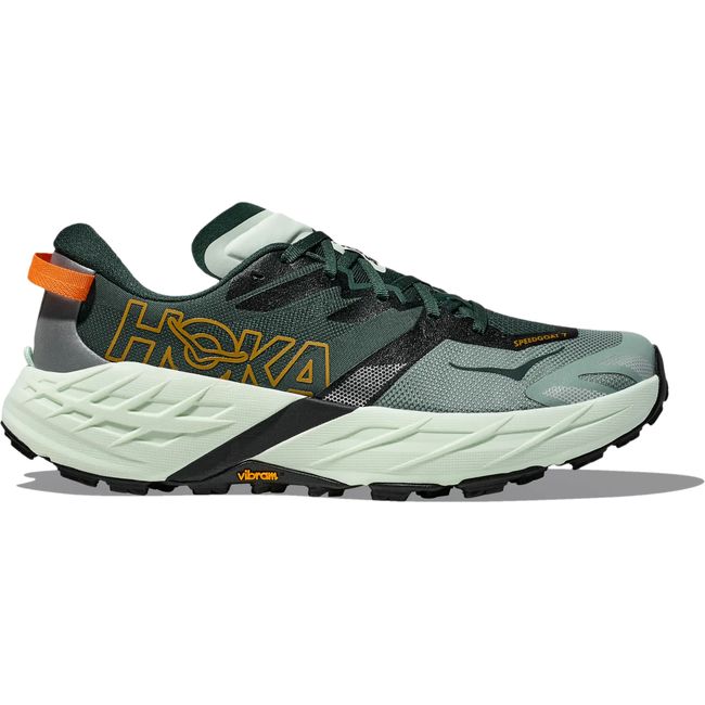Lateral profile of Hoka Speedgoat 7 in bay leaf green showing supercritical foam midsole