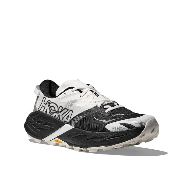 Hoka Men's Speedgoat 7 trail shoe in black and white with Vibram outsole