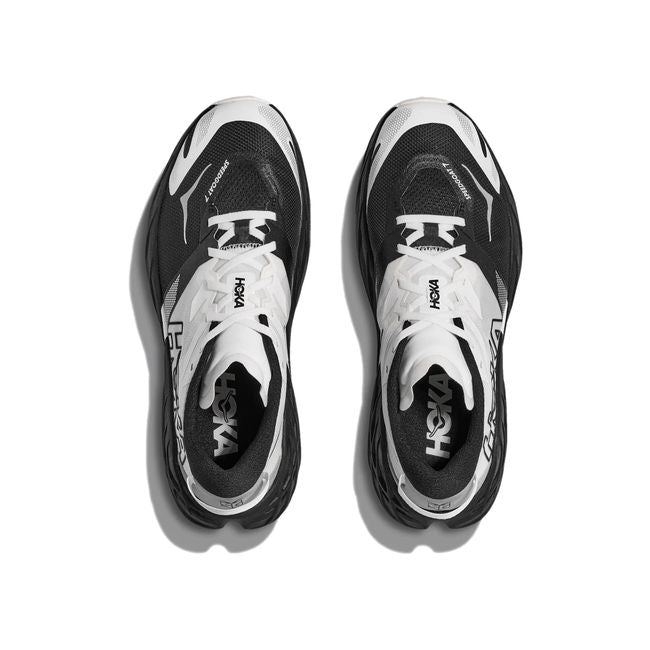 Top-down pair of Hoka Speedgoat 7 in black showing woven upper and lace system
