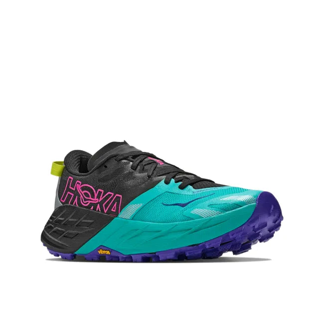 Lateral profile of HOKA Women's Speedgoat 7 in black and bright aqua