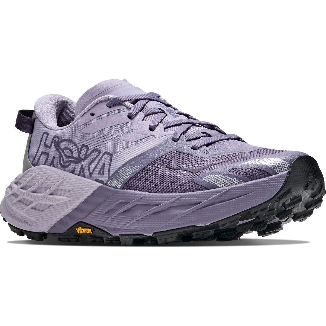HOKA Women's Speedgoat 7 Trail Running Shoe in Mellow Lilac/Purple Fog, three-quarter front view