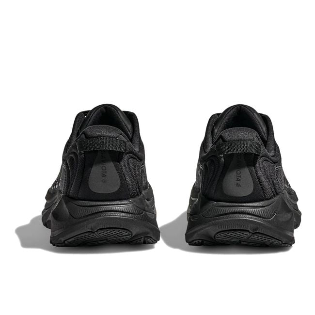 Hoka Mens Gaviota 6 running shoe pair in Black/Black, rear heel view with Gaviota 6 heel tab