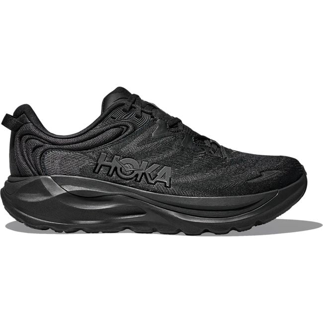 Hoka Mens Gaviota 6 running shoe in Black/Black, lateral profile hero view