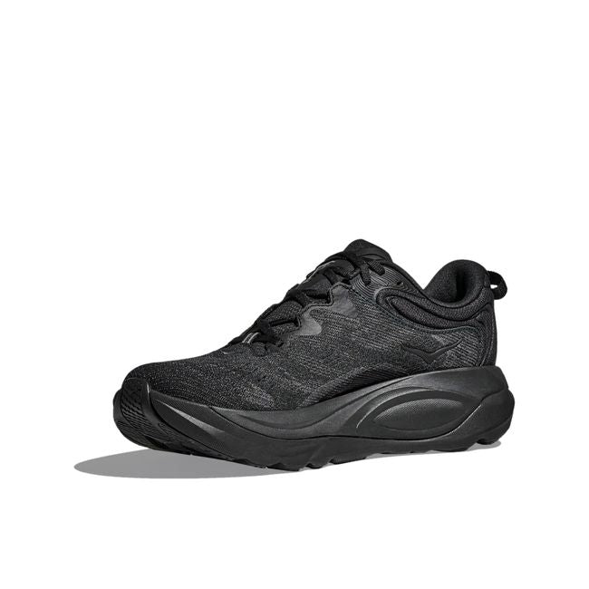 Hoka Mens Gaviota 6 running shoe in Black/Black, angled 3/4 medial toe box view