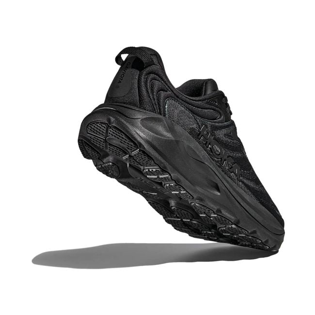 Hoka Mens Gaviota 6 running shoe in Black/Black, angled outsole and lateral heel tread detail