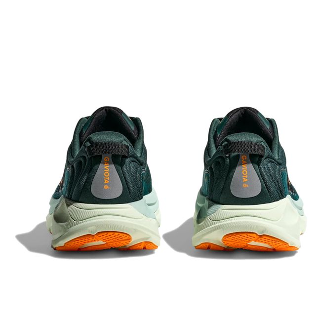 Hoka Mens Gaviota 6 running shoe pair in Bay Leaf green, rear heel view with orange outsole