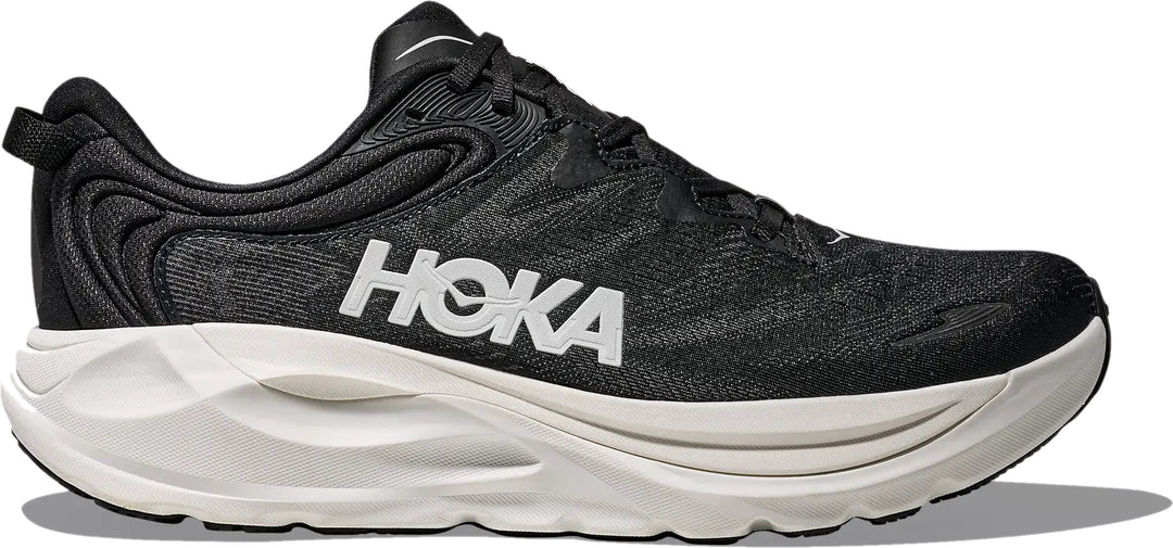 Hoka Mens Gaviota 6 running shoe in Black/White with white HOKA logo, lateral profile hero view