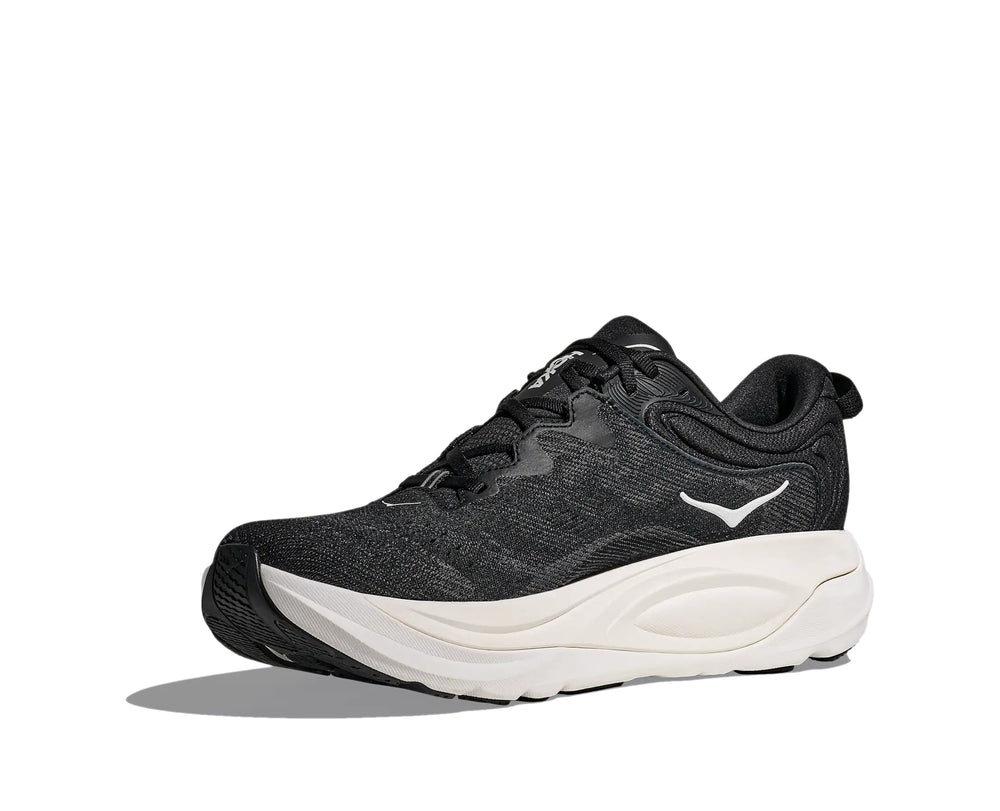 Hoka Mens Gaviota 6 running shoe in Black/White, angled 3/4 medial side view