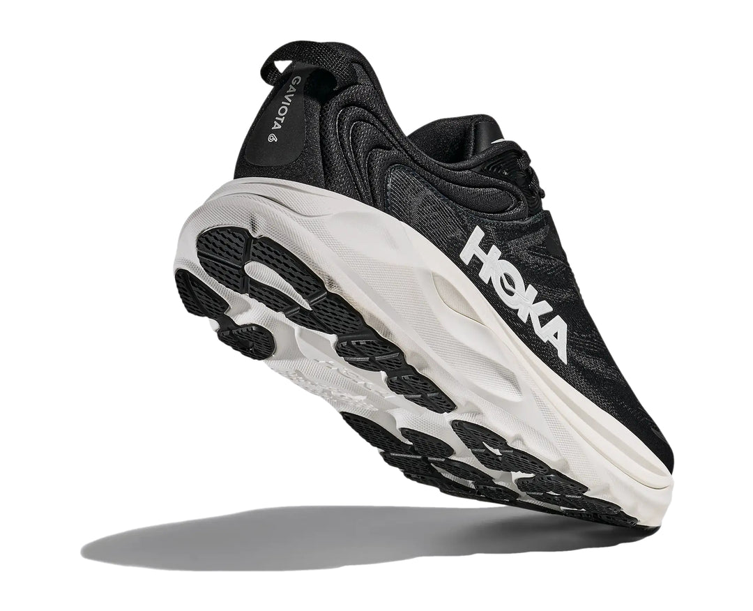 Hoka Mens Gaviota 6 running shoe in Black/White, angled outsole and heel tread detail