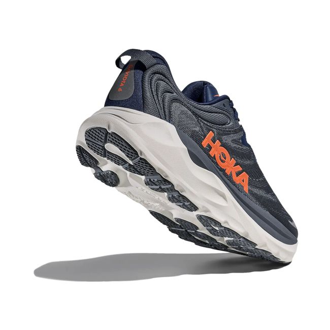Hoka Mens Gaviota 6 running shoe in Midnight Blue/Faded Navy, angled heel and outsole close-up