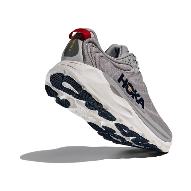 Hoka Mens Gaviota 6 running shoe in Stellar Grey, angled outsole and heel tread detail