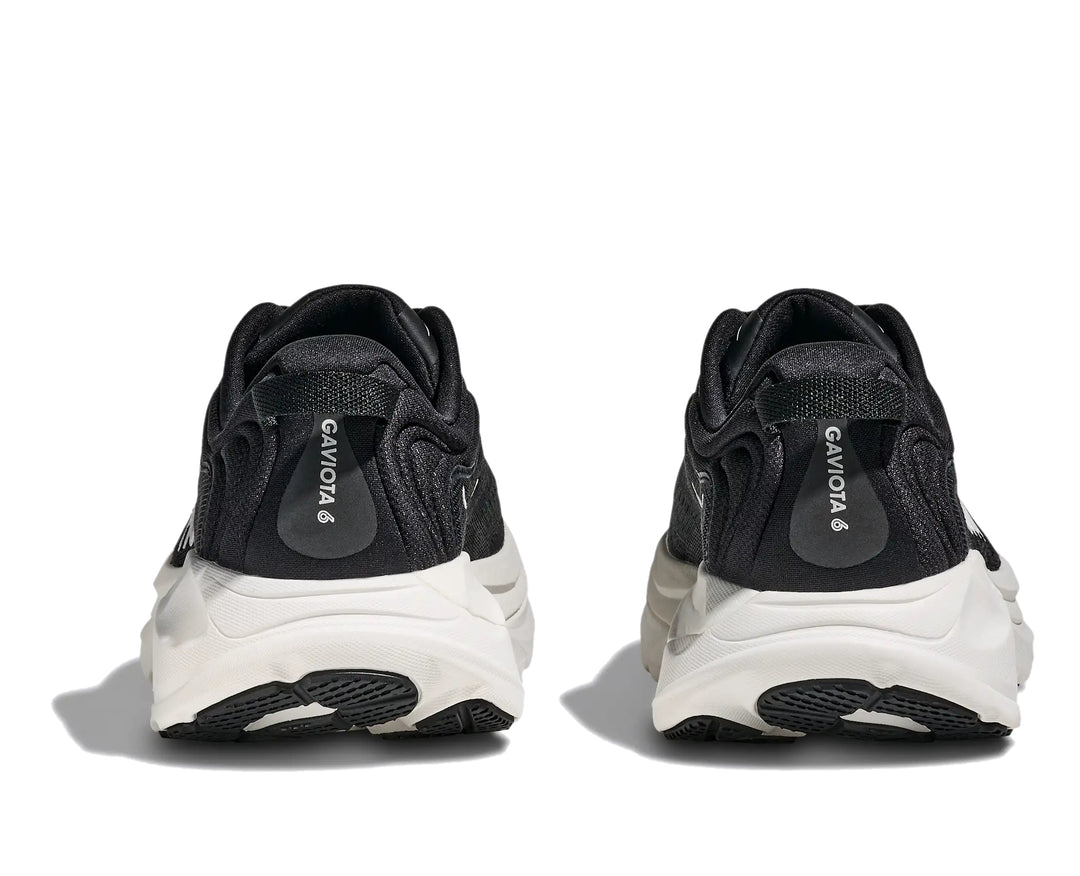 Hoka Womens Gaviota 6 running shoe pair in Black/White, rear heel view with white midsole