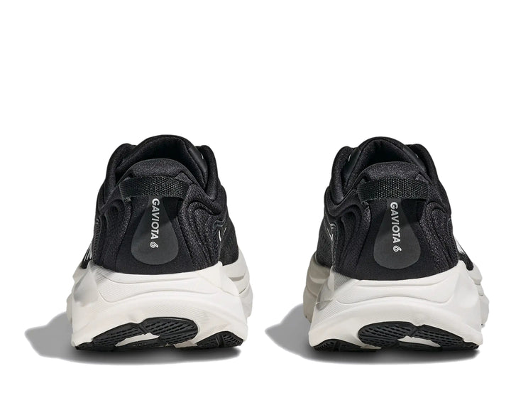 Hoka Womens Gaviota 6 running shoe pair in Black/White, rear heel view with white midsole
