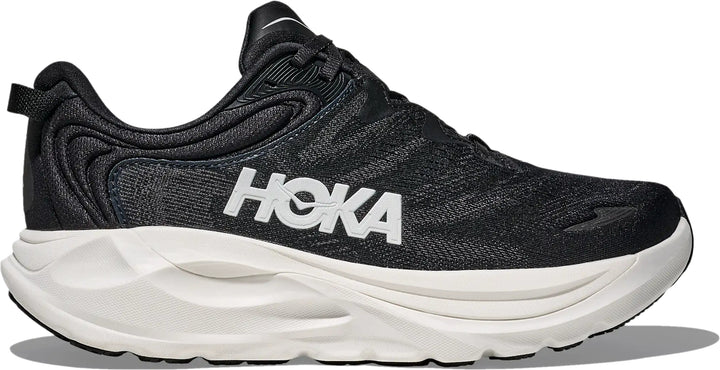 Hoka Womens Gaviota 6 running shoe in Black/White with white HOKA logo, lateral hero view