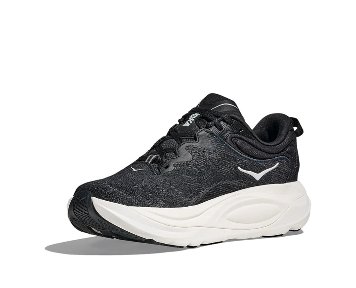 Hoka Womens Gaviota 6 running shoe in Black/White, angled 3/4 medial side view