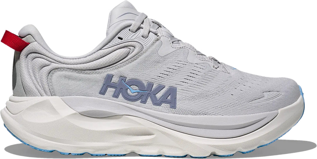 Hoka Womens Gaviota 6 running shoe in Cosmic Grey with red heel pull tab, lateral hero view