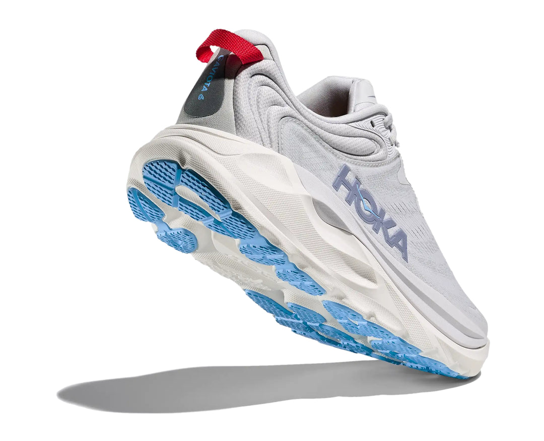 Hoka Womens Gaviota 6 running shoe in Cosmic Grey, angled outsole detail with blue sole
