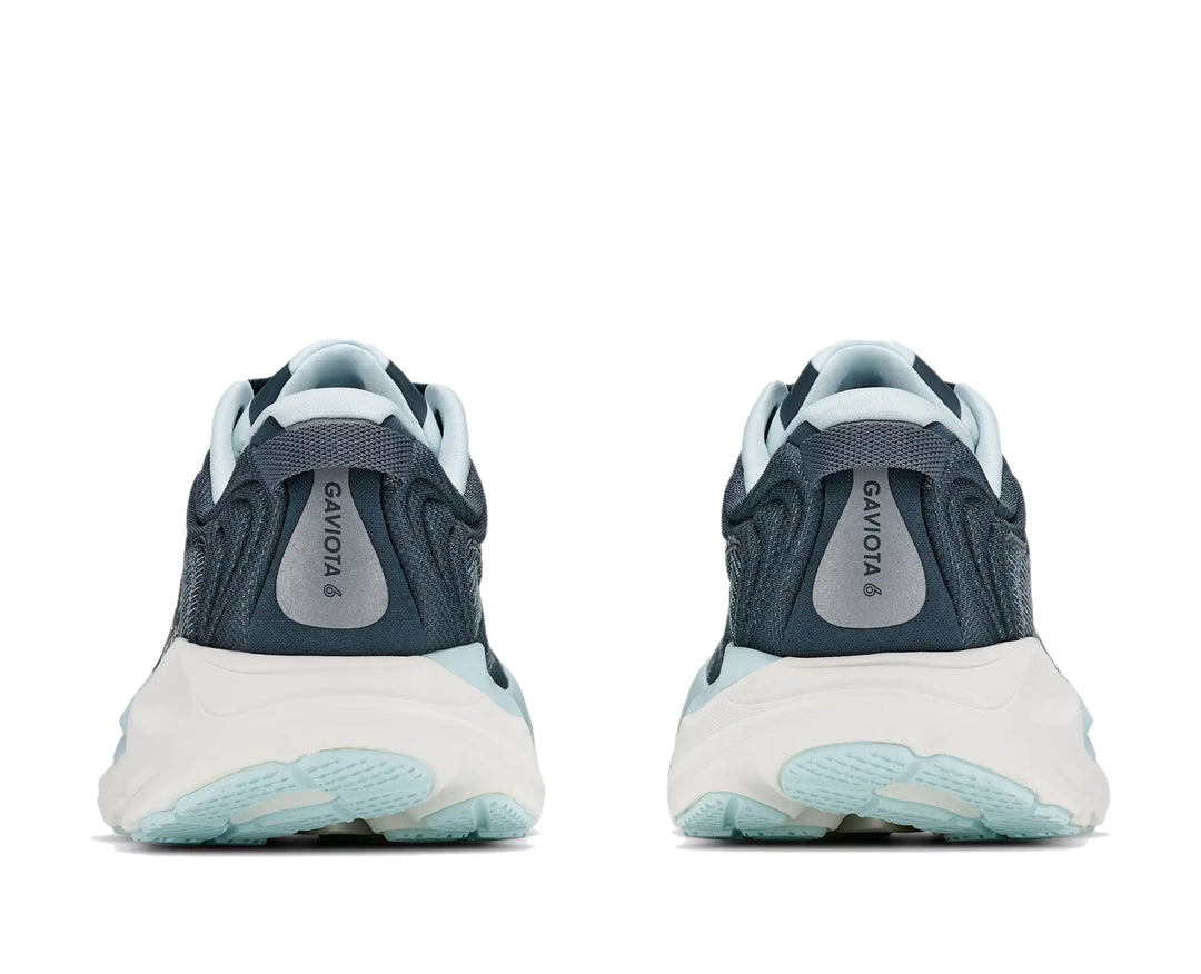 Hoka Womens Gaviota 6 running shoe pair in Faded Navy, rear heel view