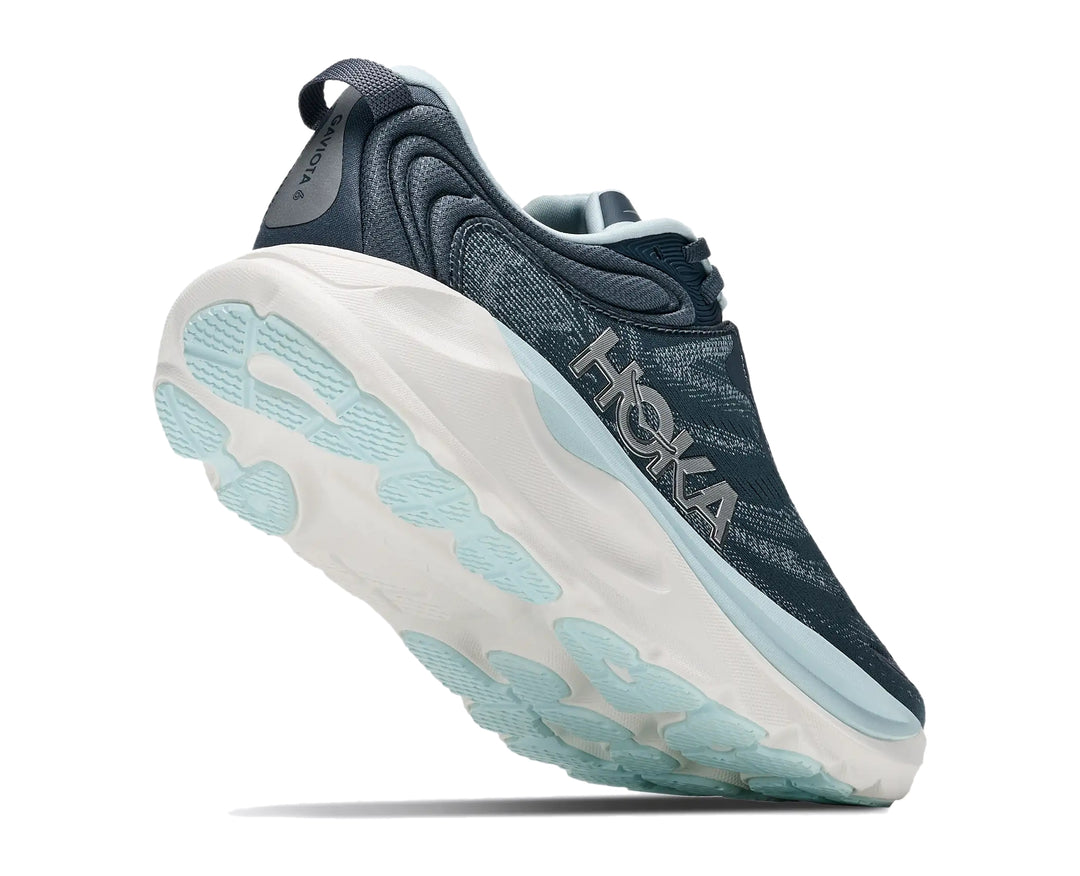 Hoka Womens Gaviota 6 running shoe in Faded Navy, angled outsole and heel detail