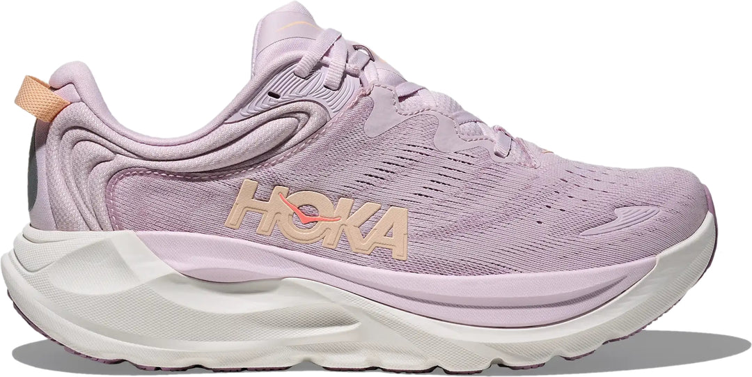 Hoka Womens Gaviota 6 running shoe in Lilac Cream with peach HOKA logo, lateral hero view