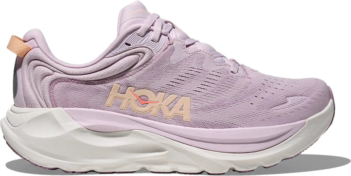 Hoka Womens Gaviota 6 running shoe in Lilac Cream with peach HOKA logo, lateral hero view