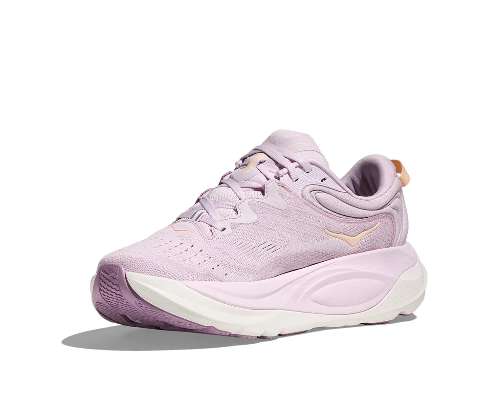 Hoka Womens Gaviota 6 running shoe in Lilac Cream, angled 3/4 medial side view