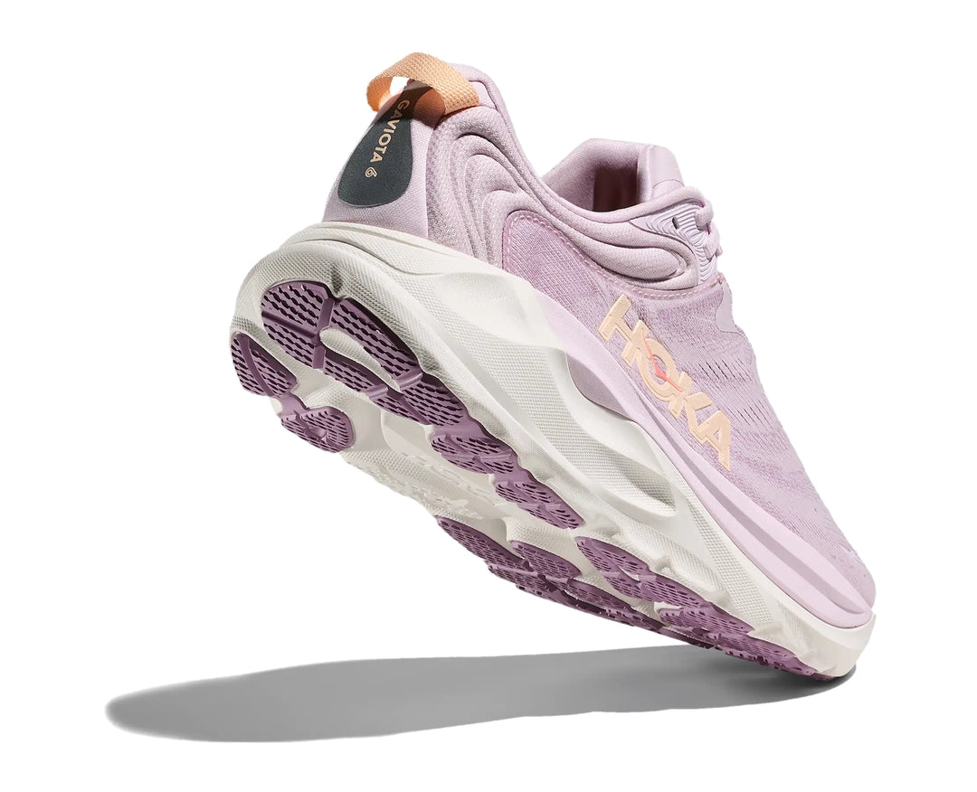 Hoka Womens Gaviota 6 running shoe in Lilac Cream, angled outsole and heel detail