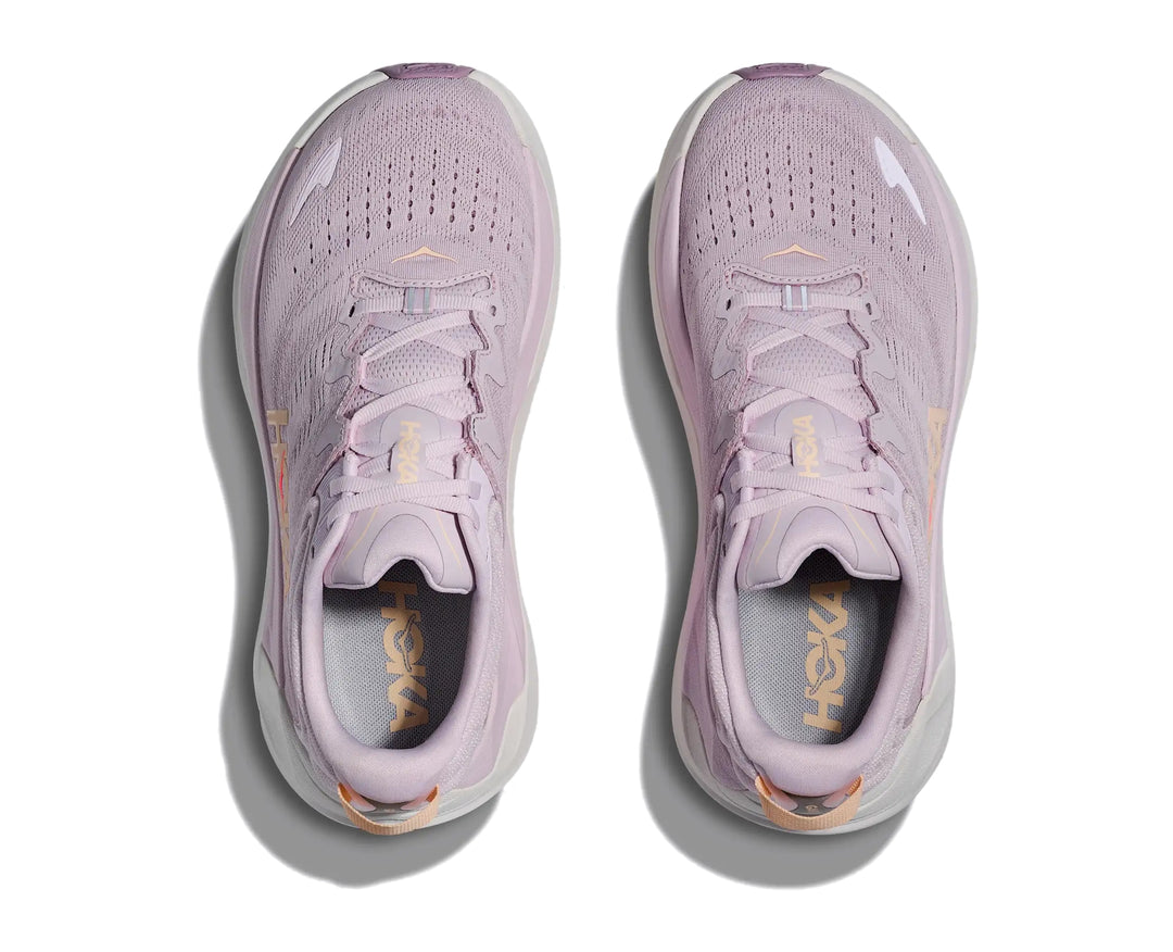 Hoka Womens Gaviota 6 running shoe pair in Lilac Cream, top-down view showing laces