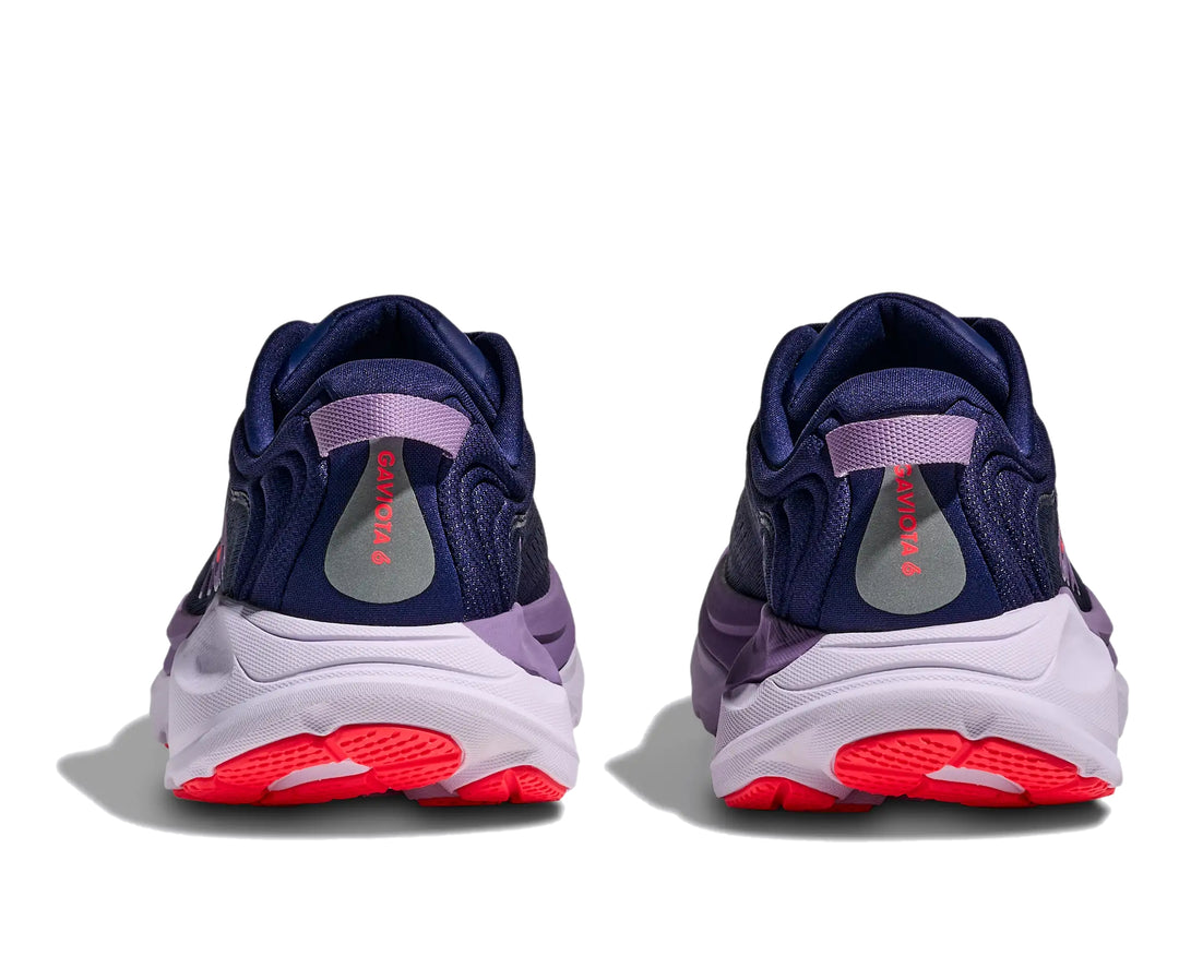 Hoka Womens Gaviota 6 running shoe pair in Midnight Navy, rear heel view with purple accents