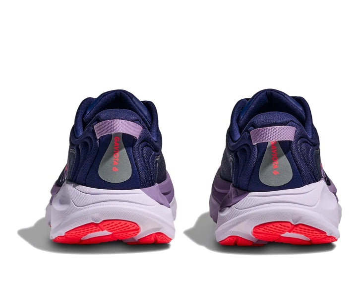 Hoka Womens Gaviota 6 running shoe pair in Midnight Navy, rear heel view with purple accents