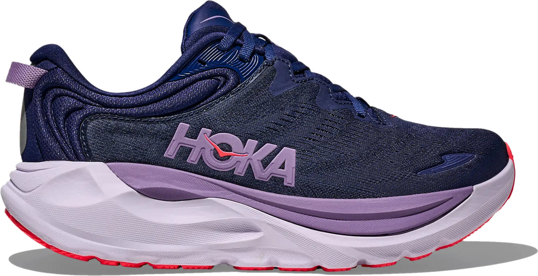 Hoka Womens Gaviota 6 running shoe in Midnight Navy with purple midsole trim, lateral hero view