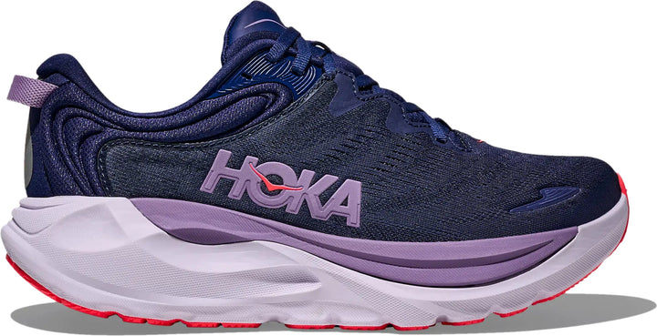 Hoka Womens Gaviota 6 running shoe in Midnight Navy with purple midsole trim, lateral hero view