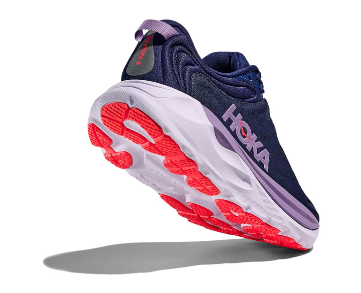 Hoka Womens Gaviota 6 running shoe in Midnight Navy, angled outsole detail with purple midsole