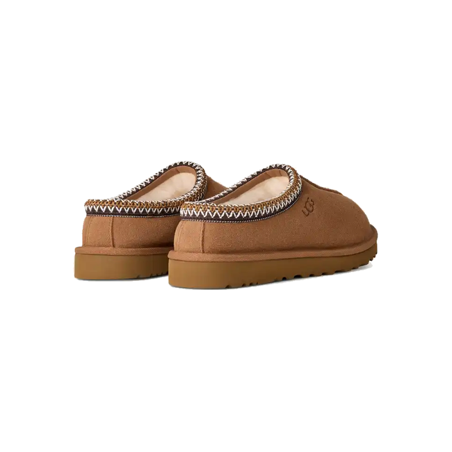 Heel of paired UGG Men's Tasman II Slipper in Chestnut Brown
