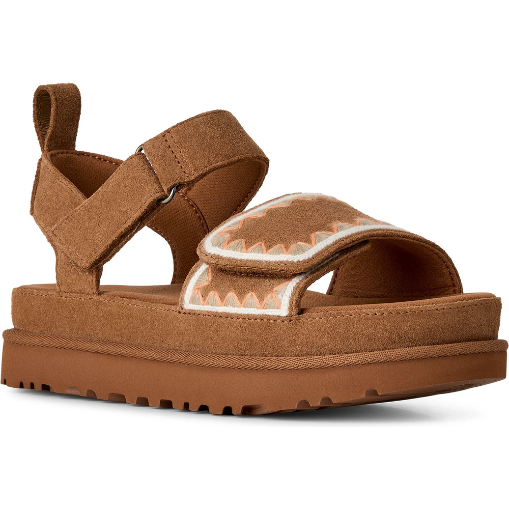 Front of UGG Women's Goldenstar Artistitch Sandal in Chestnut