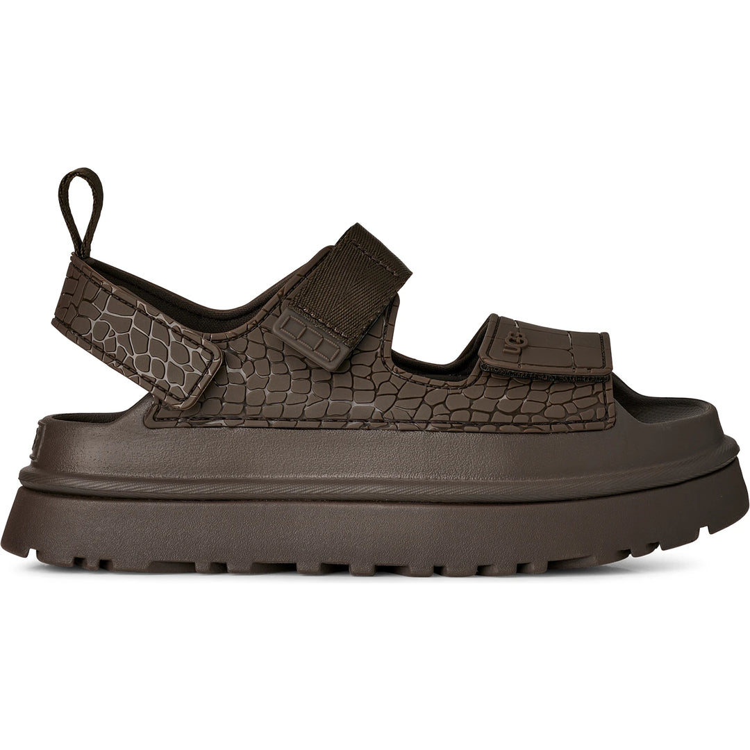 Side of UGG Women's GoldenGlow Embossed Platform Sandal in Dense Smoke