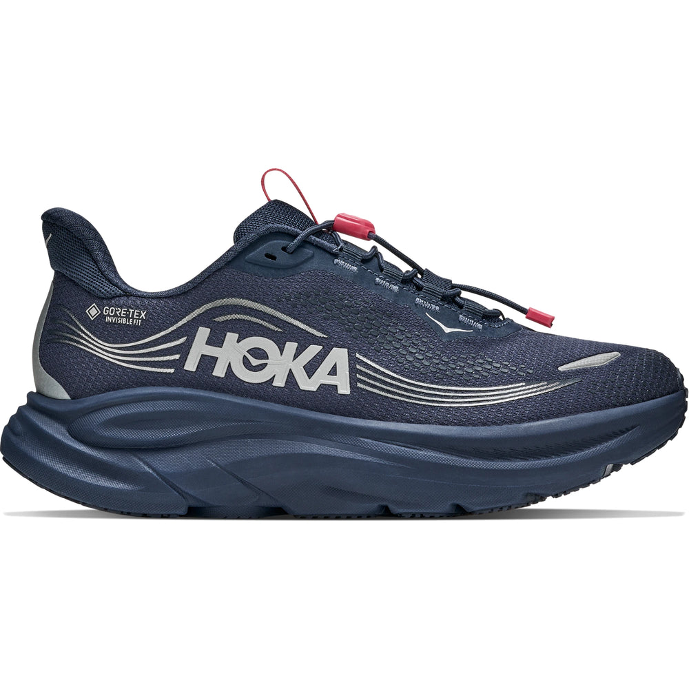 HOKA Women's Clifton 11 GTX Running Shoe in Varsity Navy/Burnt Red, outside view