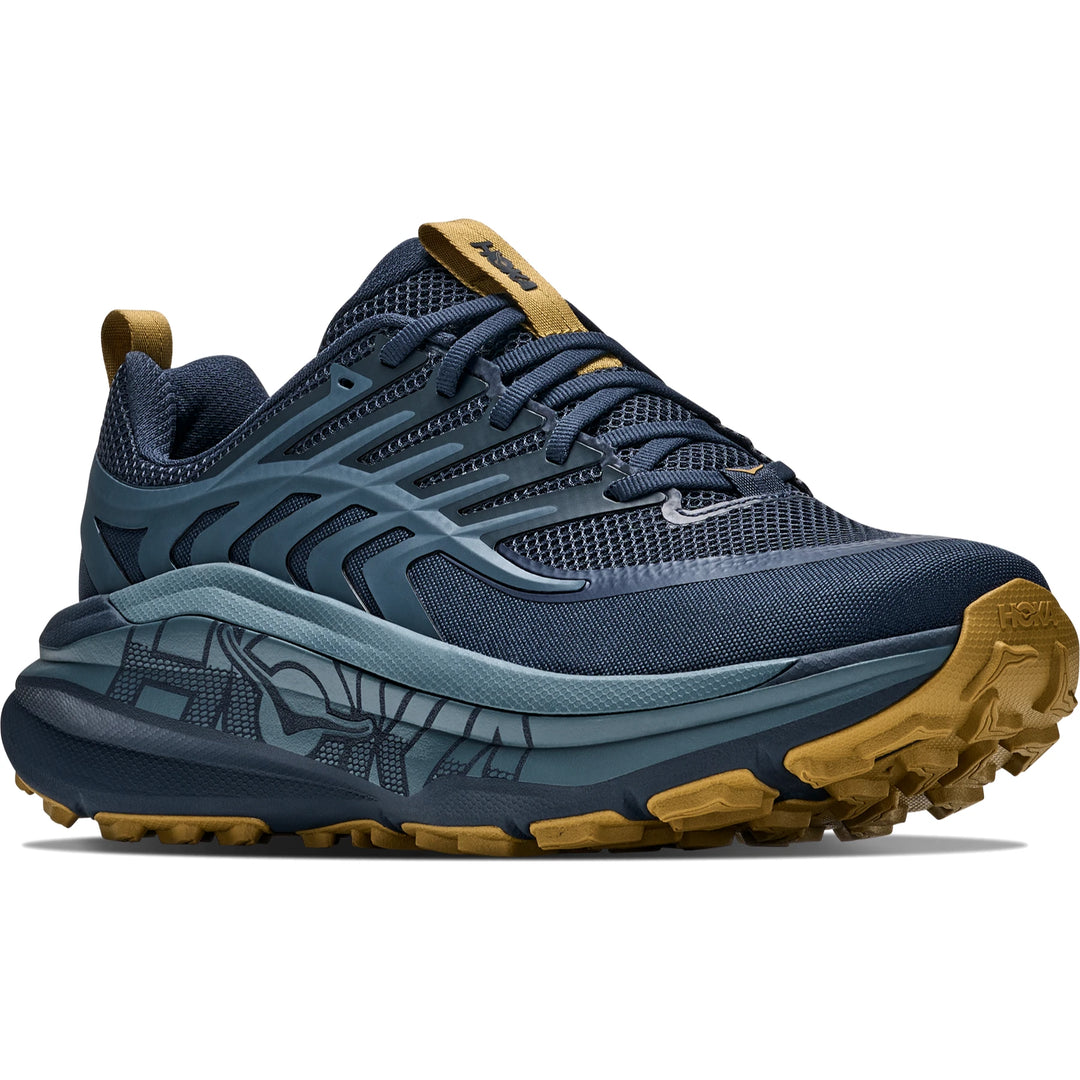 HOKA Men's Stinson 8 Trail Running Shoe in Varsity Navy/Faded Navy, three-quarter front view