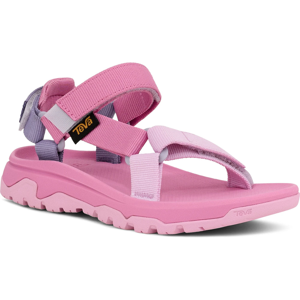 Front angle of Teva Kids' Hurricane XLT Jr Sandal in Bright Pink Multi