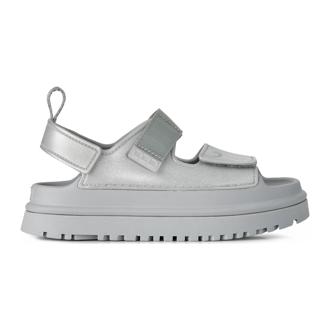 UGG Kids' GoldenGlow Glossy Sparkles Sandal (Little Kid/Youth) in Silver, side view