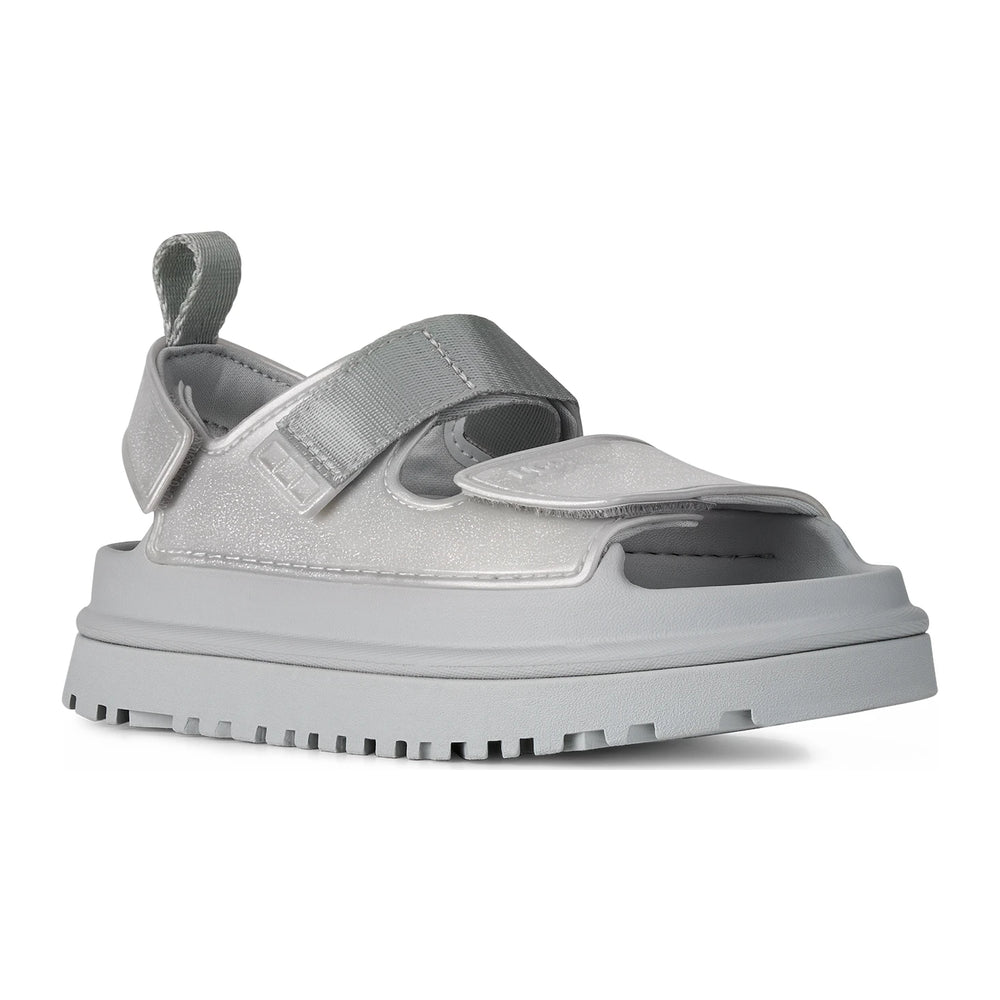 UGG Kids' GoldenGlow Glossy Sparkles Sandal (Little Kid/Youth) in Silver, front three-quarter view