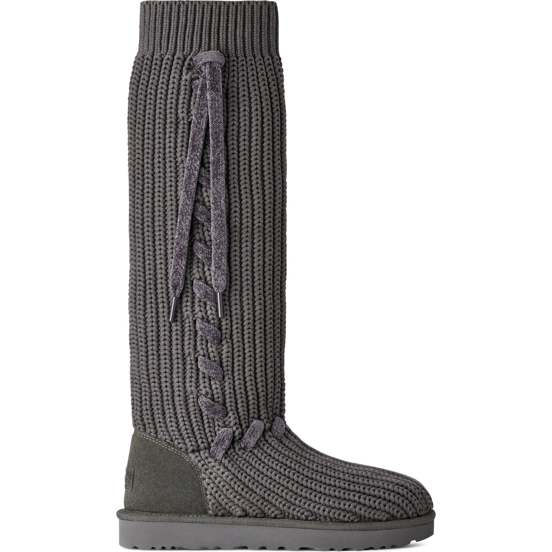 Side of UGG Women's Classic Tall Whipstitch Knit Boot in Charcoal