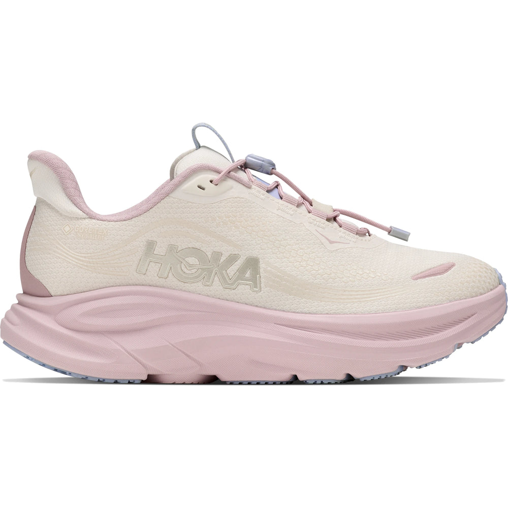 HOKA Women's Clifton 11 GTX GLM Running Shoe in Alabaster/Pink Opal, outside view